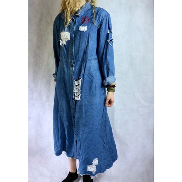 VINTAGE Long Maxi Denim Embroidery Rose Jacket - Picture 2 of 8